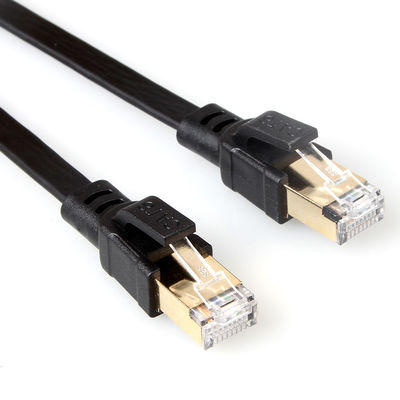 गोल्ड प्लेटेड RJ45 कनेक्टर के साथ ब्लैक शील्डेड Cat8 फ्लैट ईथरनेट केबल