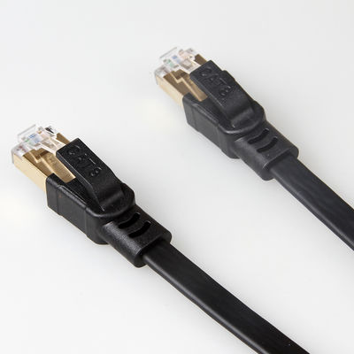 गोल्ड प्लेटेड RJ45 कनेक्टर के साथ ब्लैक शील्डेड Cat8 फ्लैट ईथरनेट केबल