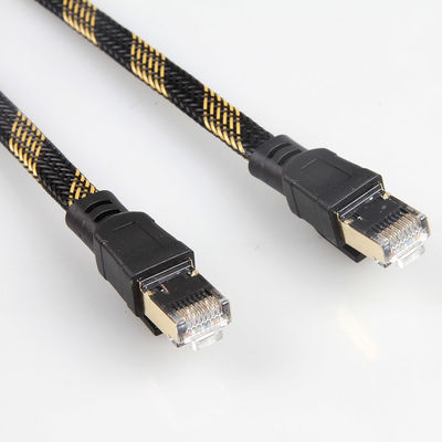 स्थिर RJ45 Cat8 पैच केबल नायलॉन लट काला पीला उच्च गति
