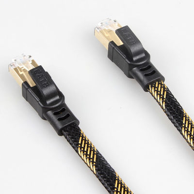स्थिर RJ45 Cat8 पैच केबल नायलॉन लट काला पीला उच्च गति