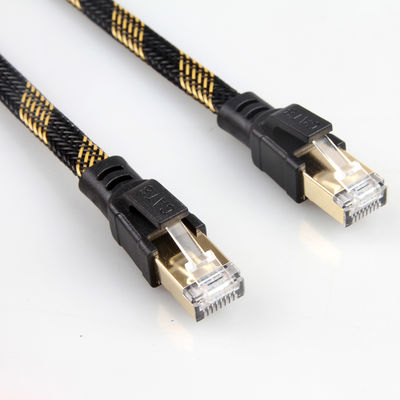 स्थिर RJ45 Cat8 पैच केबल नायलॉन लट काला पीला उच्च गति